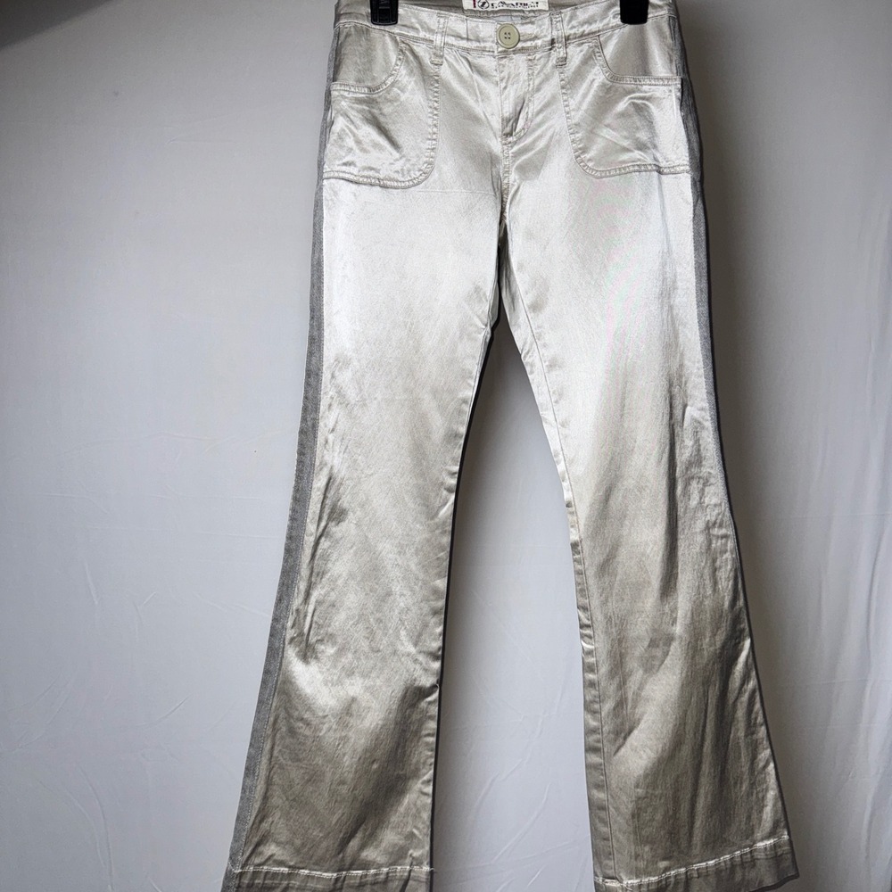 Z Cavaricci Womens Silver Metallic Flare Pants Y2K Low Rise Size 7 605-5777A